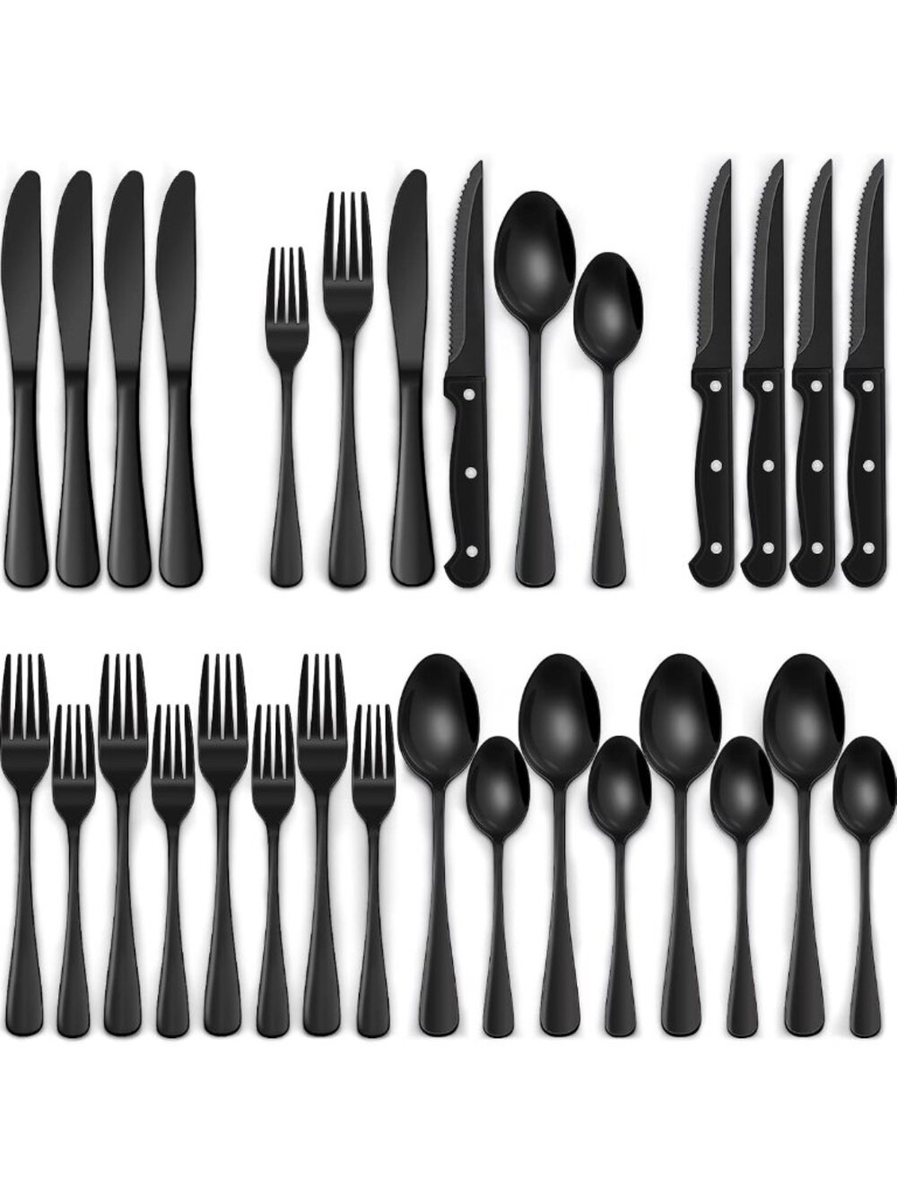 24-Piece Black Silverware Set with Steak Knives, Food-Grade Stainless Steel